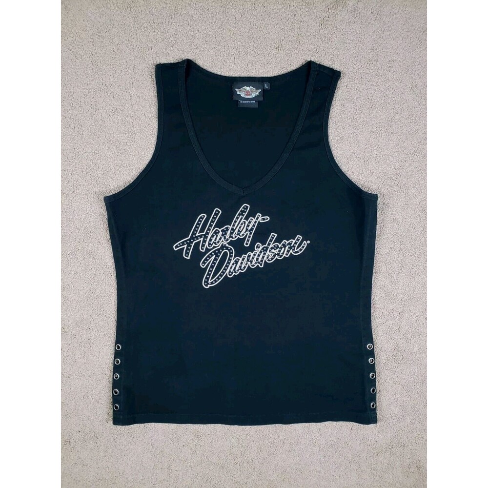 Vintage USA Made Harley Davidson Women's Tank Top Studded V-Neck Black Size L